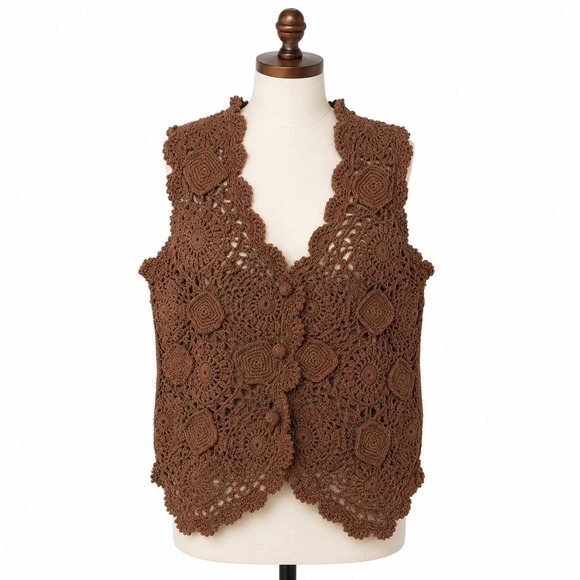 Vintage Sweaters - Vintage Hand Knitted OS Crochet Vest Boho‎ Cottage 90s Y2K Brown Earthy Hippie